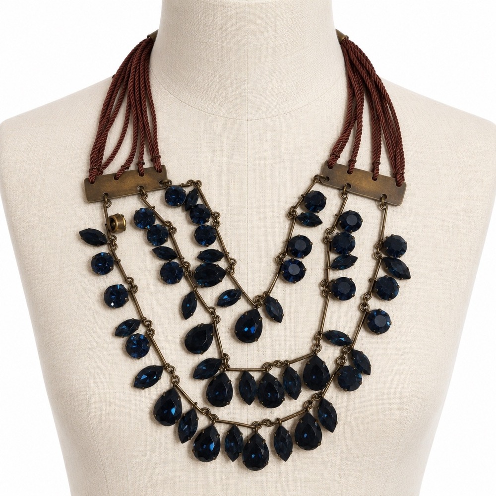 Vintage Rafia & Bossa Crystal Bib Necklace Blue Brass Multi Strand